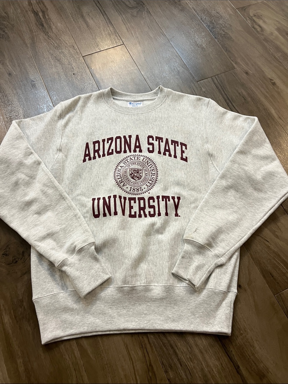 Champion Crewneck Sweatshirt - Light Gray with Maroon Print